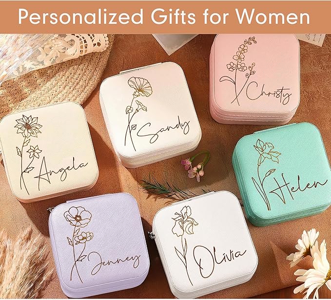 DayOfShe Personalized Travel Jewelry Box with Name and Birth Flower,Personalized Bridesmaid Gifts for Women Custom Small Travel Jewelry Case Stocking Stuffers Women Teen Girls Gifts