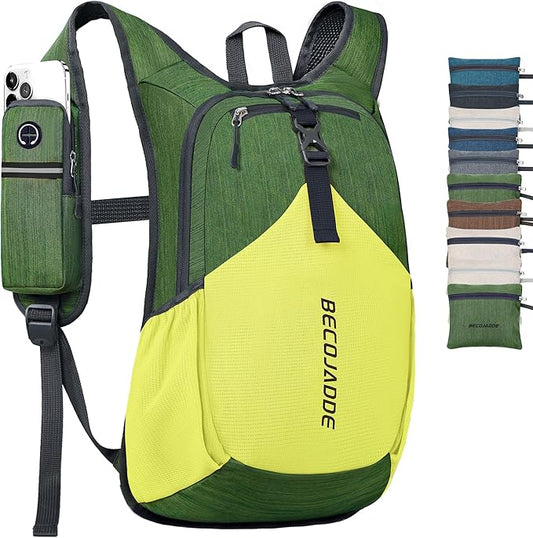 15L Small Hiking Backpack for Men Women Foldable Packable Back Pack Ultralight Hiking Daypack for Travel Camping Outdoor, Olive Green Yellow