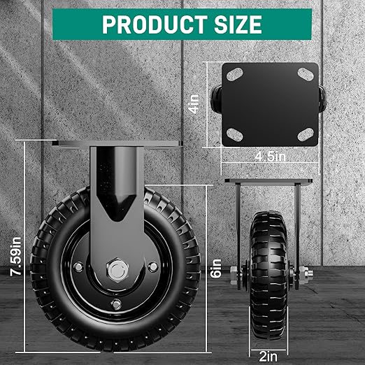 6 Inch Caster Wheels Set of 2 (2 Fixed), 660lb Total Capacity, Heavy Duty Plate Casters with Solid Rubber Knobby Tread for Workbench, Cart, Dolly, Trolley, Wagon, and Outdoor Use