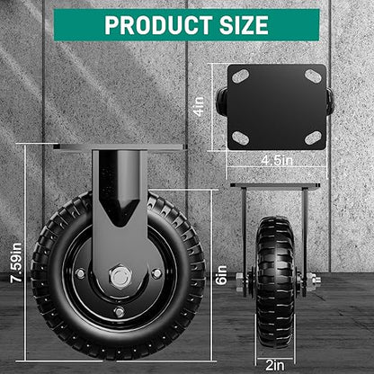 6 Inch Caster Wheels Set of 2 (2 Fixed), 660lb Total Capacity, Heavy Duty Plate Casters with Solid Rubber Knobby Tread for Workbench, Cart, Dolly, Trolley, Wagon, and Outdoor Use