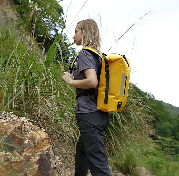 MARCHWAY Roll Top Waterproof Backpack, Floating Dry Bag 20L/30L/45L with Ergonomic Rectangular Base, Cushioned Back, Hip Strap for Hiking Camping Kayaking Travel (Yellow, 30L)