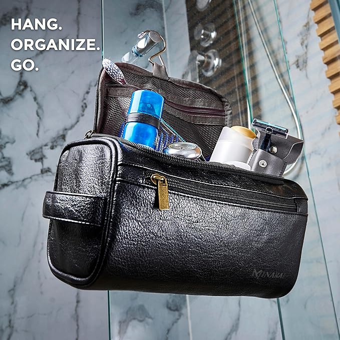 MINARAI-Mens Toiletry Bag with Razor Case– Premium Leather-Look Hygiene Bag for men with Wide-Open Access, Hanging Design, and Strong Structure– Built for Travel, Gym, and Everyday Organization– BLACK