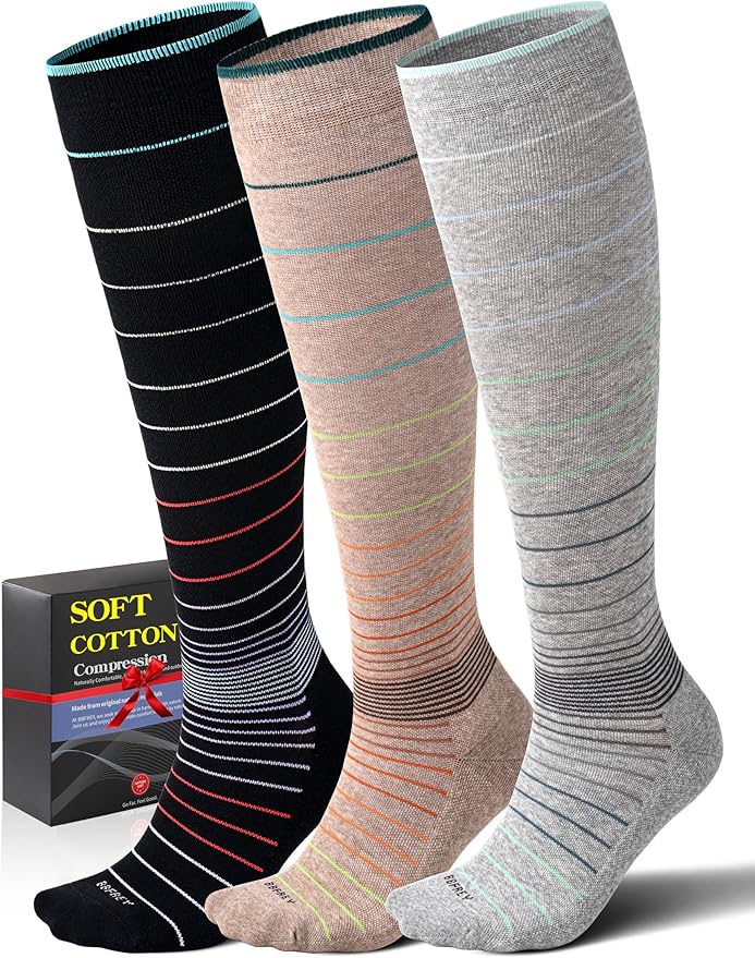 Soft Cotton Compression Socks for Women Men 20-30mmHg - Knee High Support for Circulation, Nurses, Pregnancy, Travel