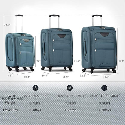 Merax Softside Luggage Set Softshell Lightweight 3 Piece Spinner Suitcase 22" 26" 30" New Green