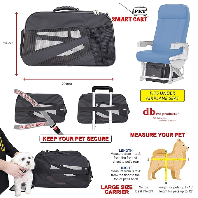 dbest products Pet Smart Cart Carrier, Large, Black, Soft Sided Collapsible Folding Travel Bag, Dog Cat Airline Approved Tote Luggage Backpack