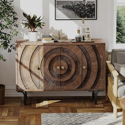 Farmhouse 4-Door Storage Cabinet, Accent Sideboard Buffet Cabinet with Circle Pattern and Radioactive Wood Lines, for Living Room, Dining Room, Bedroom, Brown
