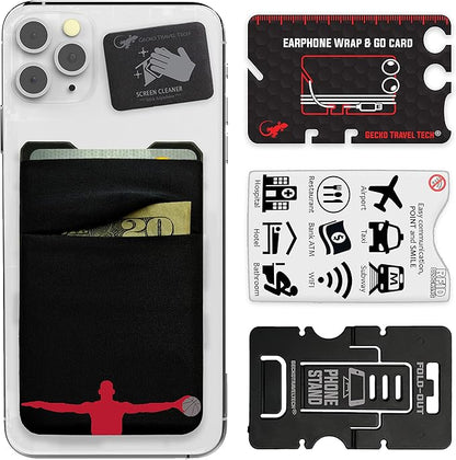 Gecko Travel Tech Double Pocket - Adhesive Card Holder - Cell Phone Pouch - Stick on Spandex Pocket - Carry Credit Cards and Cash (Basketball)