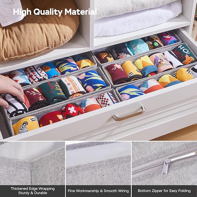 MURRI&MURRDI Mini Foldable Clothes Drawer Organizer 6 Pcs, Narrow Fabric Drawer Organizer for Nursery, Small Dresser Storage Bins for Clothing Sock Underwear Bra Belt Tie Scarves, Gray