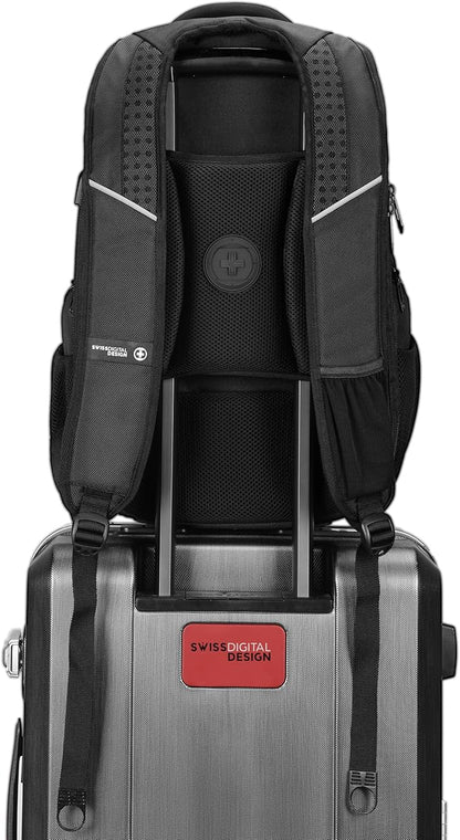 Swissdigital Design TSA Business Laptop Backpack for Men, Large Capacity Travel Backpack with Apple Find My Network and USB Charging Port Tech Backpacks Fits 17 Inch Computer Black| SD1643FB-01