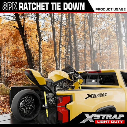 XSTRAP STANDARD Ratchet Tie Down Straps - 8PK - 1'' x 10 ft - 900 LB Break Strength Cargo Straps for Moving Appliances, Lawn Equipment, Motorcycle Yellow