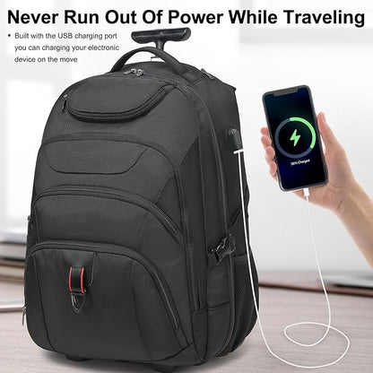 Boavan Wheeled Backpack,18.4 inch Water Resistant Rolling Backpack,Carry on Luggage Business Bag, Overnight College Computer Backpacks Trolley Suitcase for Men Women Adults to Travel，Black