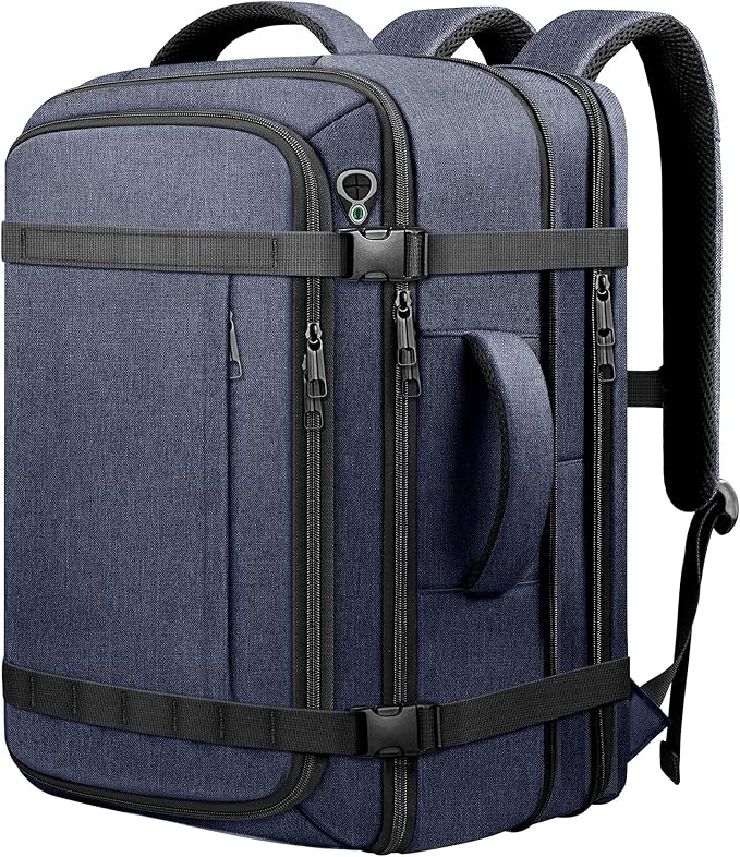 Travel Backpack,40-50L Expandable Carry On Laptop Backpack with Cable Access Port Fits 17.3 Inch Laptop, Water Resistant Outdoor Travel Daypack for Men Women College Trips Weekend Adventures, Blue