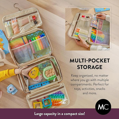 Kids Travel Organizer – Multi-Compartment, Water-Resistant Hanging Bag for Toys, Snacks, & Activities - Compact, Lightweight Design with Hook & Carry Handle - Perfect for Travel Use (Beige, Large)