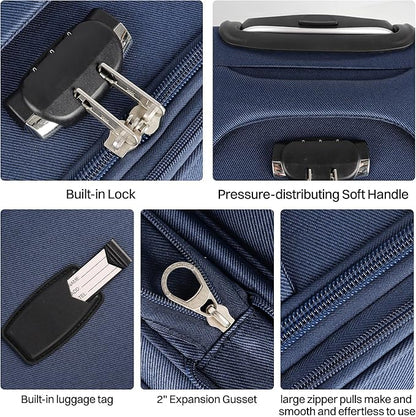 2-Piece Set Front Opening,Softside Luggage Sets w/Double Spinner Wheels Expandable Luggage,Lightweight Travel Luggage Rolling Suitcase w/LOCK（Navy-Grey,20in/28in）