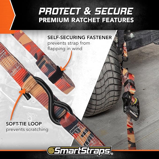 SmartStraps 14’ CamoX Ratchet Straps, 4 Pack – 3,000lbs Break Strength, 1,000lbs Safe Work Load – Premium Duty Tie Downs for Heavier Loads, Orange Camo Webbing