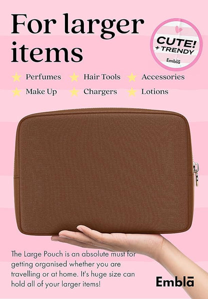 Embla Makeup Bag Travel Cosmetics Pouch and Toiletry Bag, Nylon Zipper Pouch Purse, Cute Make Up Organizer Storage Tote for Women Girls, Waterproof Travel Skincare Case, Large Makeup Bags, Chocolate