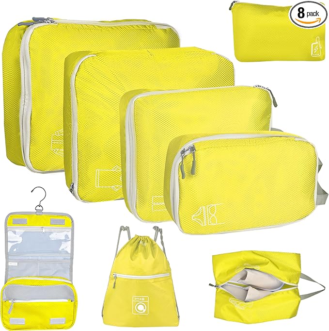 8 Set Expandable Compression Packing Cubes for Suitcases Travel Essentials Carry On Waterproof Storage Bag With Dry And Wet Separation Yellow