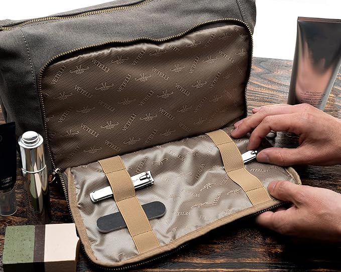 Vetelli Vintage Canvas Toiletry Bags, Travel In Style, Waterproof Canvas Dopp Kits, Durable (Messner) (Light Gray)
