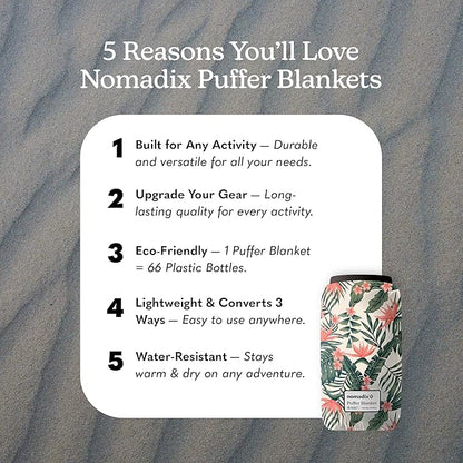 Nomadix Puffer Blanket – Water-Resistant, Eco-Friendly Insulated Blanket with Snaps for Camping, Beach, and Travel, Made from Recycled Materials
