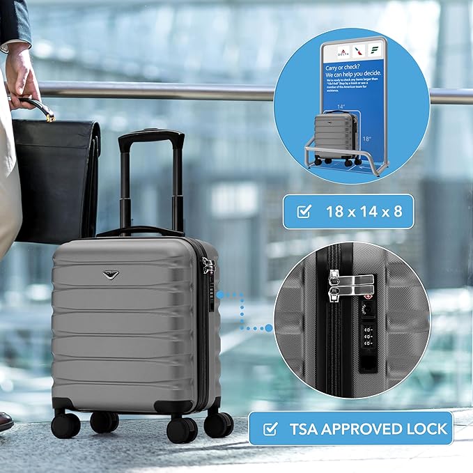 Flight Knight Carry On Suitcase 18x14x8" Hardside Built In TSA Lock & USB Port Lightweight Luggage Silent Double Spinner Wheels Maximum Underseat Carry-On Bag For American & United Approved Airlines
