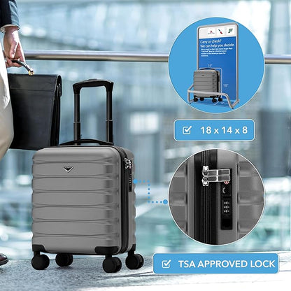 Flight Knight Carry On Suitcase 18x14x8" Hardside Built In TSA Lock & USB Port Lightweight Luggage Silent Double Spinner Wheels Maximum Underseat Carry-On Bag For American & United Approved Airlines