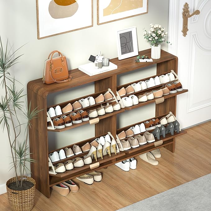 47" Large Shoe Storage Cabinet with 4 Flip Drawer Arched Fluted Pattern, Farmhouse Hidden Narrow Curved Corner Shoe Organizer for Entryway,Living Room (Walnut,with Divider)