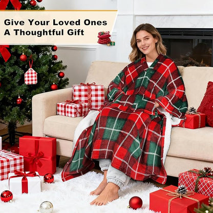 Catalonia Sherpa Wearable Blanket Poncho for Adult Women Men, Wrap Blanket Cape with Pocket, Warm, Soft, Cozy, Snuggly, Comfort Gift, No Sleeves, Plaid Buffalo Christmas