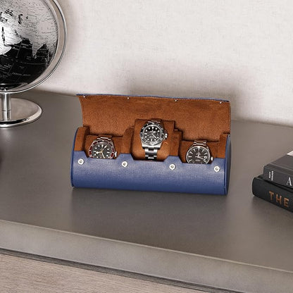 ROTHWELL Watch Roll Travel Case for 3 Watches | Tough Portable Protection, Fits All Wrist Watch & Smart Watches Up to 50mm (Blue/Tan)