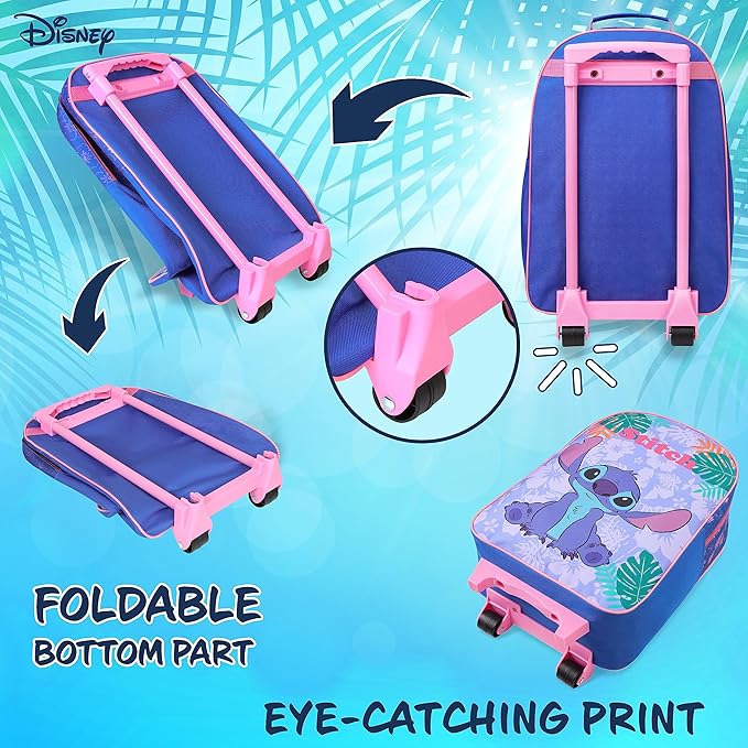 Disney Kids Rolling Luggage 16×11 in, 16‑L Carry‑On Suitcase with Wheels, Foldable Lightweight Travel Bag, Gifts for Kids (Blue Stitch)
