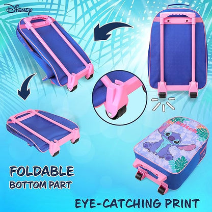 Disney Kids Rolling Luggage 16×11 in, 16‑L Carry‑On Suitcase with Wheels, Foldable Lightweight Travel Bag, Gifts for Kids (Blue Stitch)
