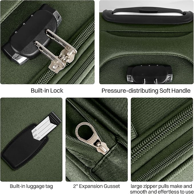 2-Piece Set Front Opening,Softside Luggage Sets w/Double Spinner Wheels Expandable Luggage,Lightweight Travel Luggage Rolling Suitcase w/LOCK（Green-Grey,20in/28in）