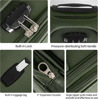 2-Piece Set Front Opening,Softside Luggage Sets w/Double Spinner Wheels Expandable Luggage,Lightweight Travel Luggage Rolling Suitcase w/LOCK（Green-Grey,20in/28in）