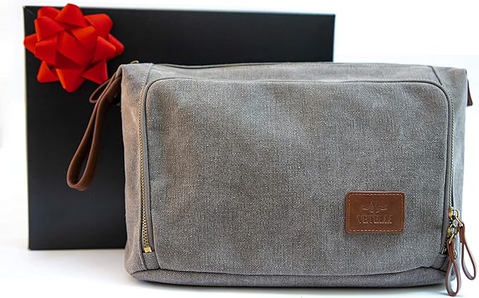 Vetelli Vintage Canvas Toiletry Bags, Travel In Style, Waterproof Canvas Dopp Kits, Durable (Messner) (Light Gray)