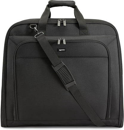 Amazon Basics 43" Premium Garment Bag for Travel, Suit Bag with Shoulder Strap for Suits and Dresses, 1680D Polyester Fabric, Exterior/Interior Pockets, Leather-reinforced Corners, Trifold, Black