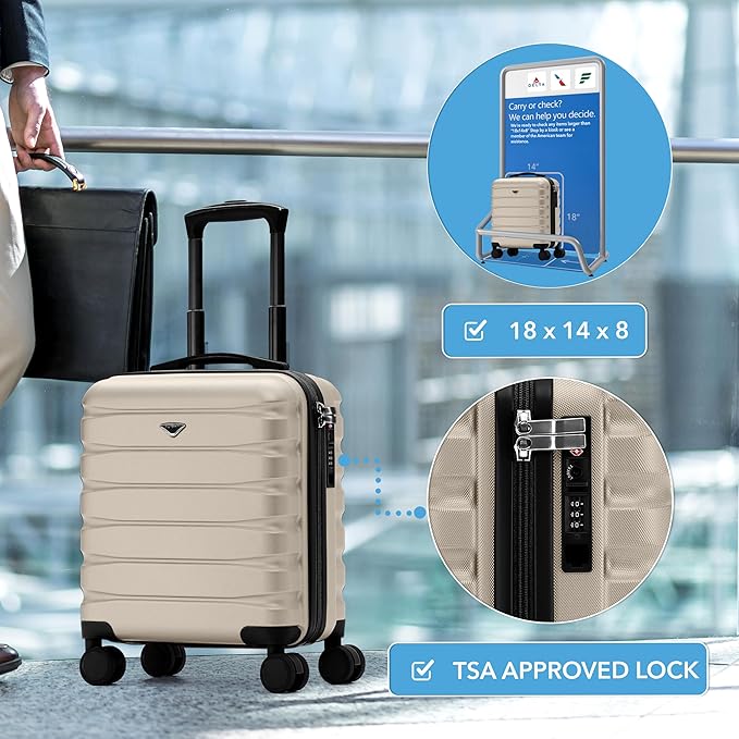 Flight Knight Carry On Suitcase 18x14x8" Hardside Built In TSA Lock & USB Port Lightweight Luggage Silent Double Spinner Wheels Maximum Underseat Carry-On Bag For American & United Approved Airlines