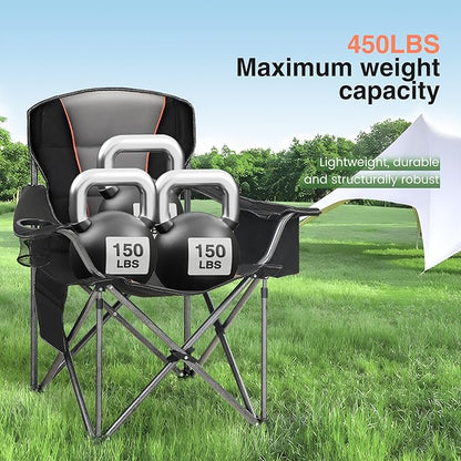 HIGH POINT SPORTS Oversized Camping Folding Chair, Heavy Duty Portable Lawn Chairs, Folding Chairs for Outside with Cup Holder and Cooler Bag for Camp, Travel, Support 450 LBS, 2 Pack, Black