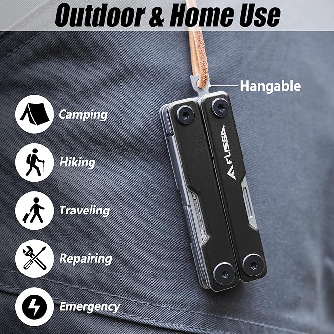 FLISSA 11-in-1 Multitool Scissors with Knife, Foldable Mini Multitool, Stainless Steel Scissors with Aluminum Handles, Spring - EDC for Camping, Hiking, Fishing, Emergency, Black