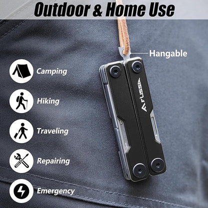 FLISSA 11-in-1 Multitool Scissors with Knife, Foldable Mini Multitool, Stainless Steel Scissors with Aluminum Handles, Spring - EDC for Camping, Hiking, Fishing, Emergency, Black