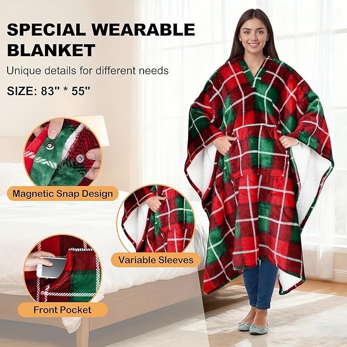 Catalonia Sherpa Wearable Blanket Poncho for Adult Women Men, Wrap Blanket Cape with Pocket, Warm, Soft, Cozy, Snuggly, Comfort Gift, No Sleeves, Plaid Buffalo Christmas