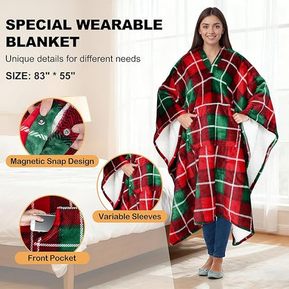 Catalonia Sherpa Wearable Blanket Poncho for Adult Women Men, Wrap Blanket Cape with Pocket, Warm, Soft, Cozy, Snuggly, Comfort Gift, No Sleeves, Plaid Buffalo Christmas