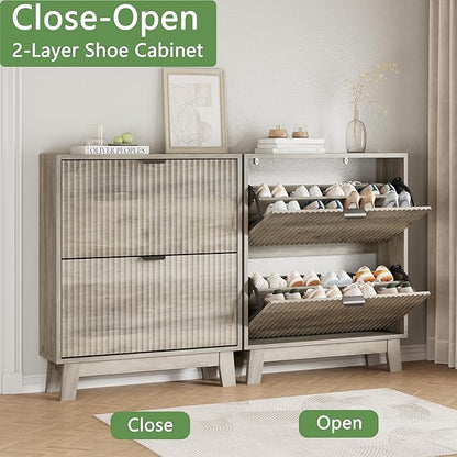 Shoe Cabinet with 2 Flip Drawers, 37" Tall Narrow Fluted Shoe Storage Organizer for Entryway, Hidden Slim Wooden Shoe Rack Cabinet for Front Door Entrance, Hallway, Living Room, Light Grey