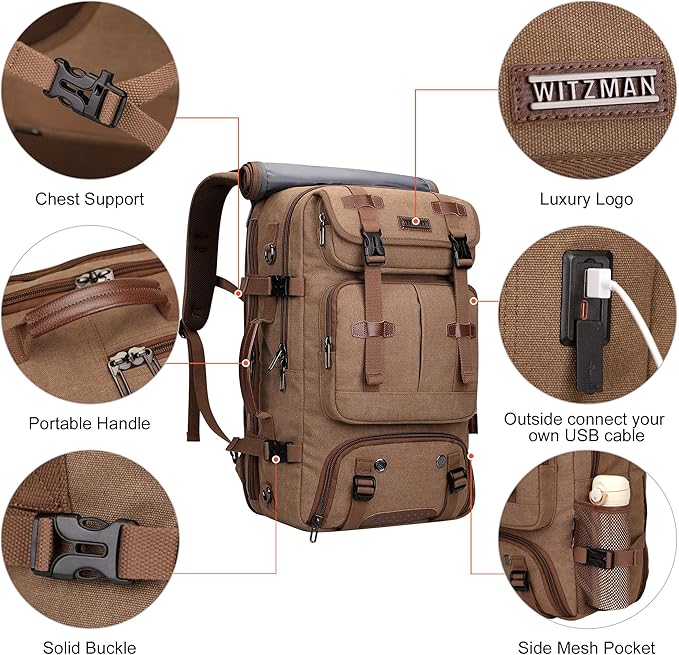 WITZMAN Travel Backpack for Men 40L Large Carry-on Airline Approved Convertible 3 in 1 laptop Bags Fit 17 inch(A8013 Brown)