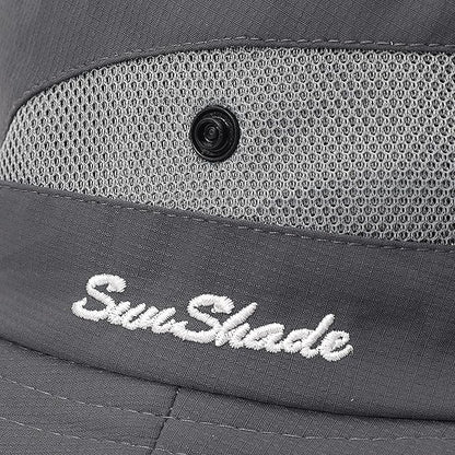 Womens Summer Sun Hat Beach Hat Wide Brim Outdoor UV Protection Hat Foldable Cool Mesh Ponytail Bucket Hat