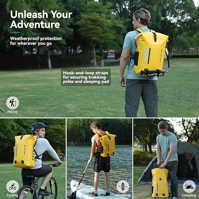 MARCHWAY Roll Top Waterproof Backpack, Floating Dry Bag 20L/30L/45L with Ergonomic Rectangular Base, Cushioned Back, Hip Strap for Hiking Camping Kayaking Travel (Yellow, 20L)