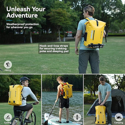 MARCHWAY Roll Top Waterproof Backpack, Floating Dry Bag 20L/30L/45L with Ergonomic Rectangular Base, Cushioned Back, Hip Strap for Hiking Camping Kayaking Travel (Yellow, 30L)