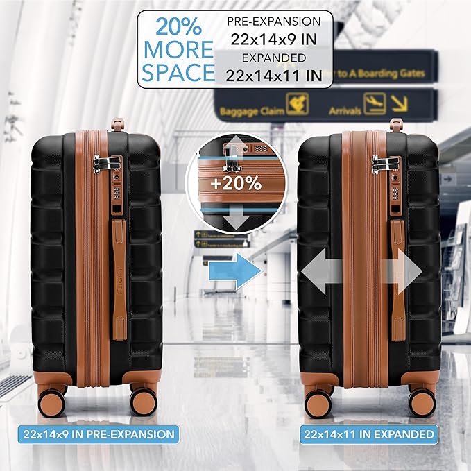 Flight Knight 22x14x9 Expandable Carry On Suitcase Hardside TSA Lock USB C Port Lightweight Luggage Silent Double Spinner Wheels Maximum Overhead Carry-On Bag For American & United Approved Airlines
