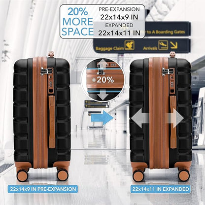 Flight Knight 22x14x9 Expandable Carry On Suitcase Hardside TSA Lock USB C Port Lightweight Luggage Silent Double Spinner Wheels Maximum Overhead Carry-On Bag For American & United Approved Airlines