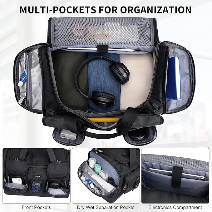 WITZMAN Duffle Bag for Men Large Carry On Travel Mens Weekender Overnight Bags with Shoes Compartment for Sports Gym(B723 Black)