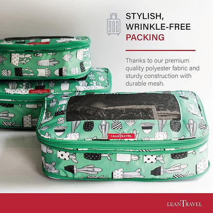 LeanTravel Compression Packing Cubes for Travel Organizers with Double Zipper (6-Pack (2L+2M+2S), Green Cactus)