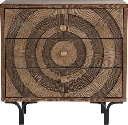 Farmhouse 3-Drawer Dresser, Accent Wooden Chest of Drawers with Circle Pattern and Radioactive Wood Lines, Accent Storage Dresser for Living Room, Bedroom, Natural Wood Color